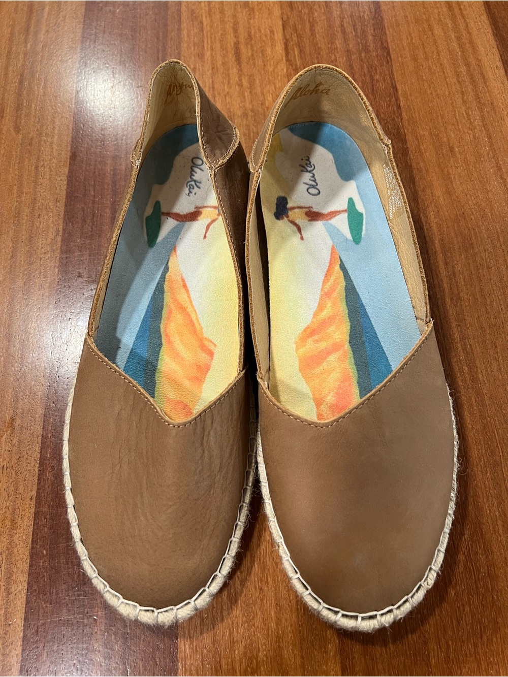 OluKai Women's Kaula P’a’ili Tan Brown Leather Slip-On Espadrille Flats 9.5